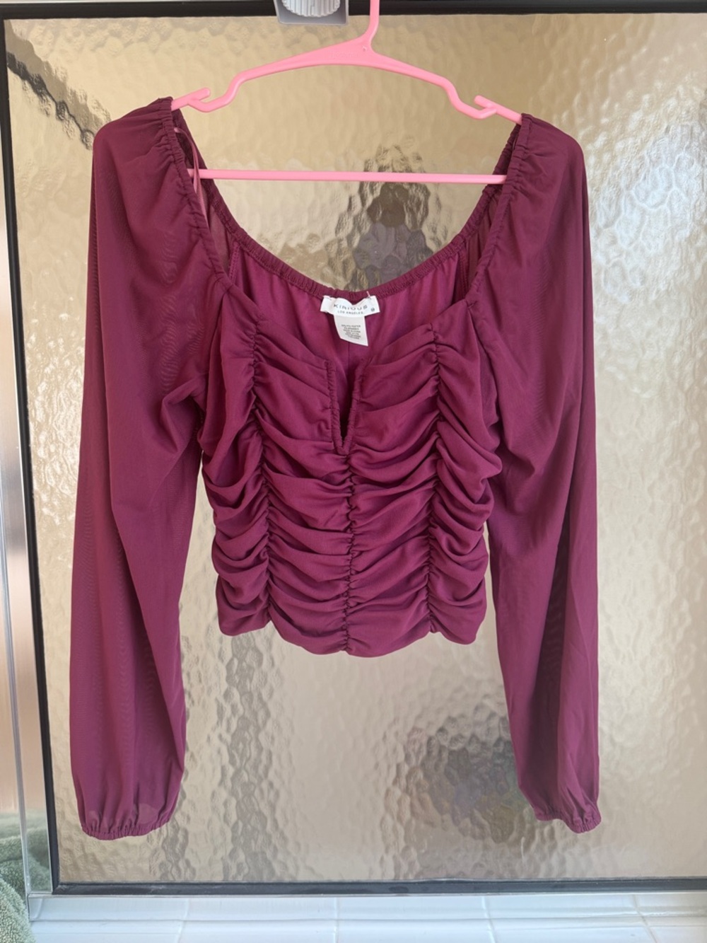 Long Sleeve Ruched Women's Top - Burgundy